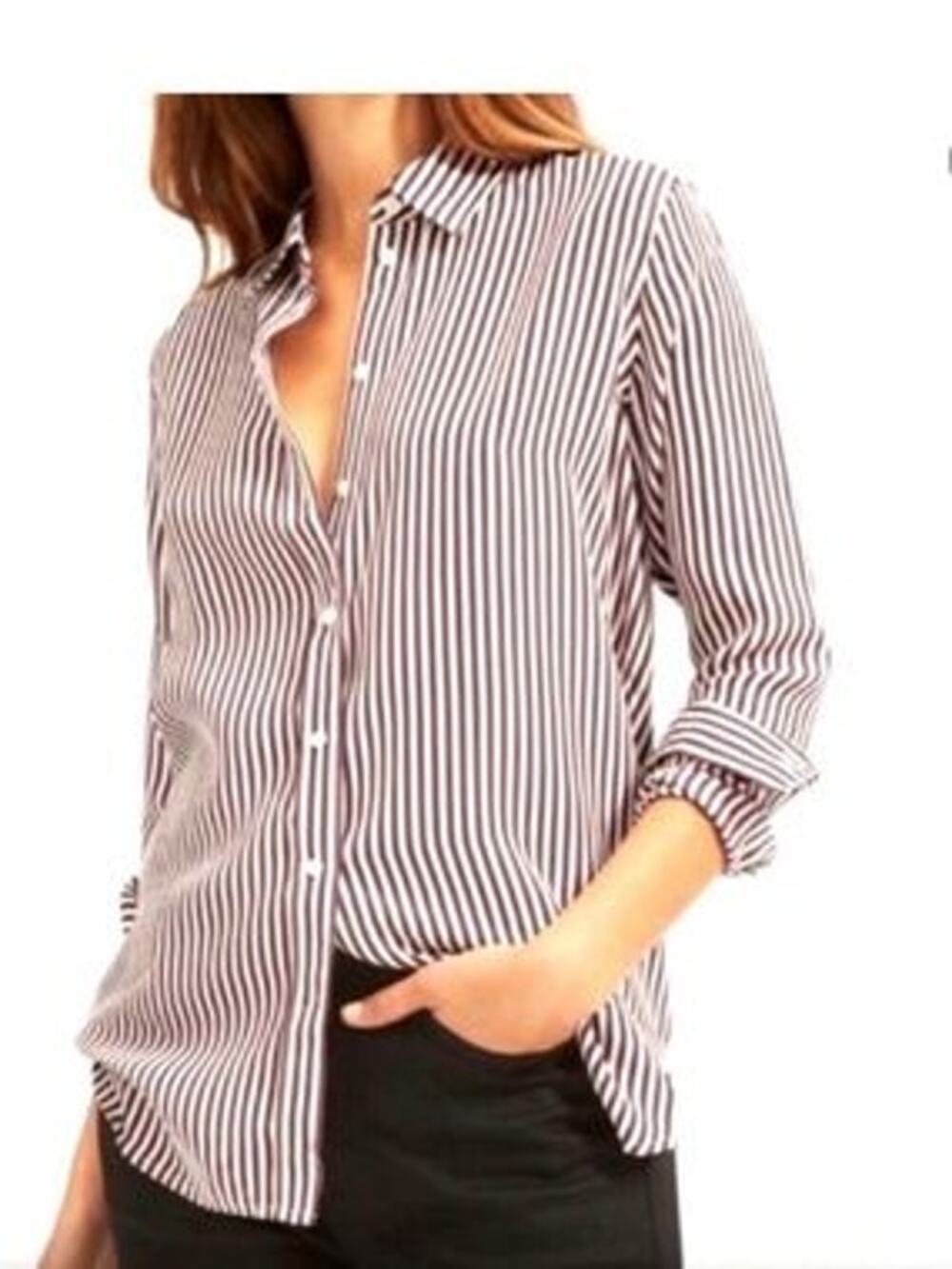 EVERLANE Must-Have Striped Shirt in Washable Silk Size 4 Burgundy White